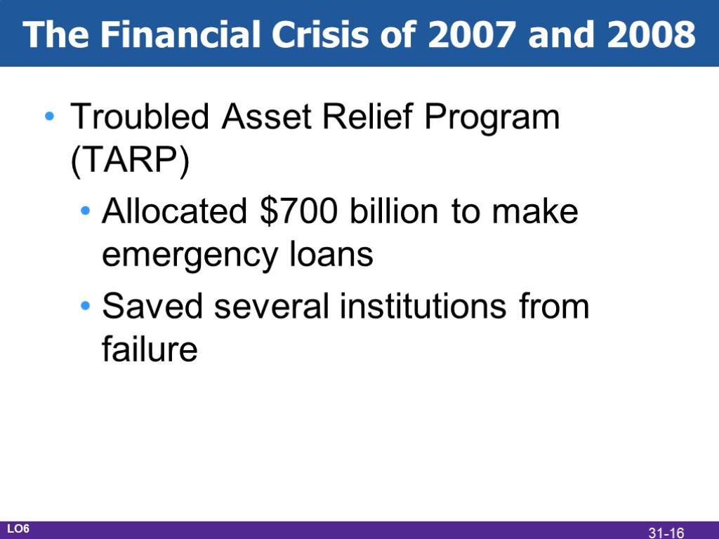 The Financial Crisis of 2007 and 2008 Troubled Asset Relief Program (TARP) Allocated $700